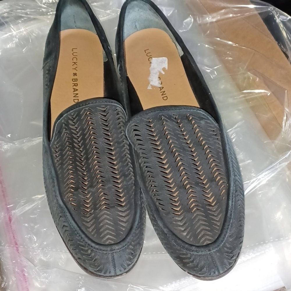 Lucky Brand Camdyn Black Suede Leather Perforated Top Loafers Women's Size 9.5